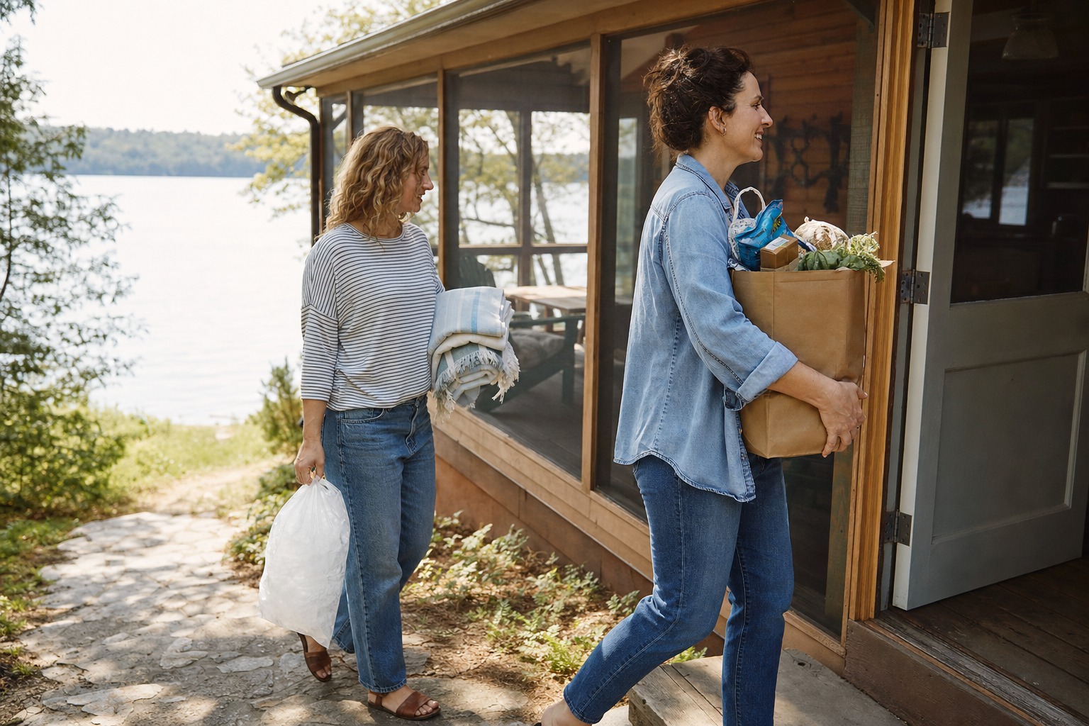 Friends carrying groceries and folded towels toward a casual lakeside house