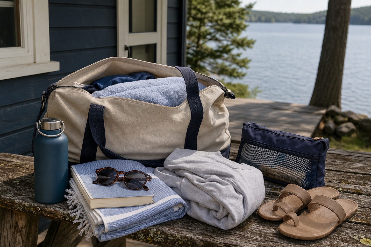 A relaxed lake-weekend bag packed with towels, a book, sunglasses, and simple outdoor essentials