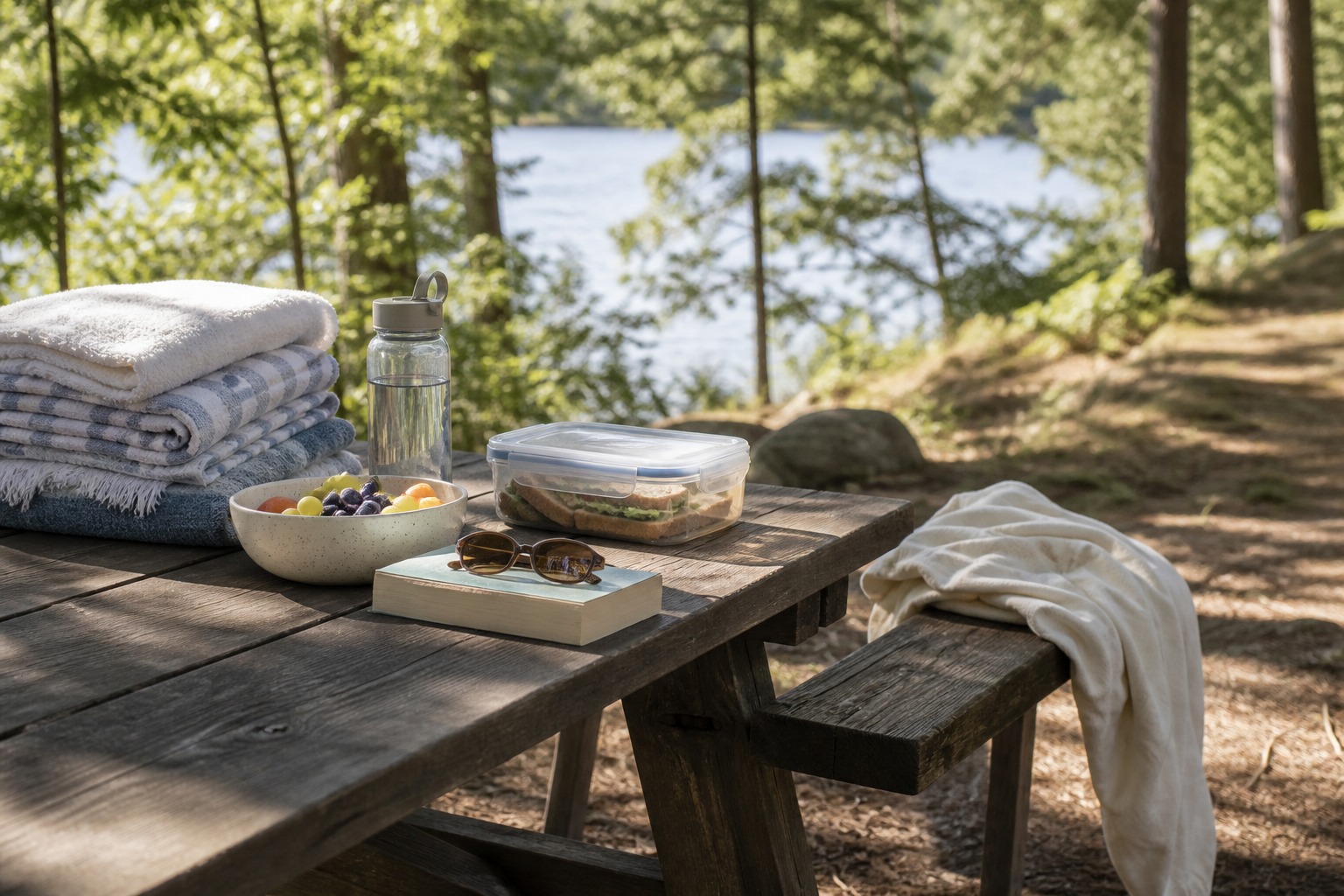 A quiet dock chair with a folded towel, cold drink, sandals, and warm late-afternoon light