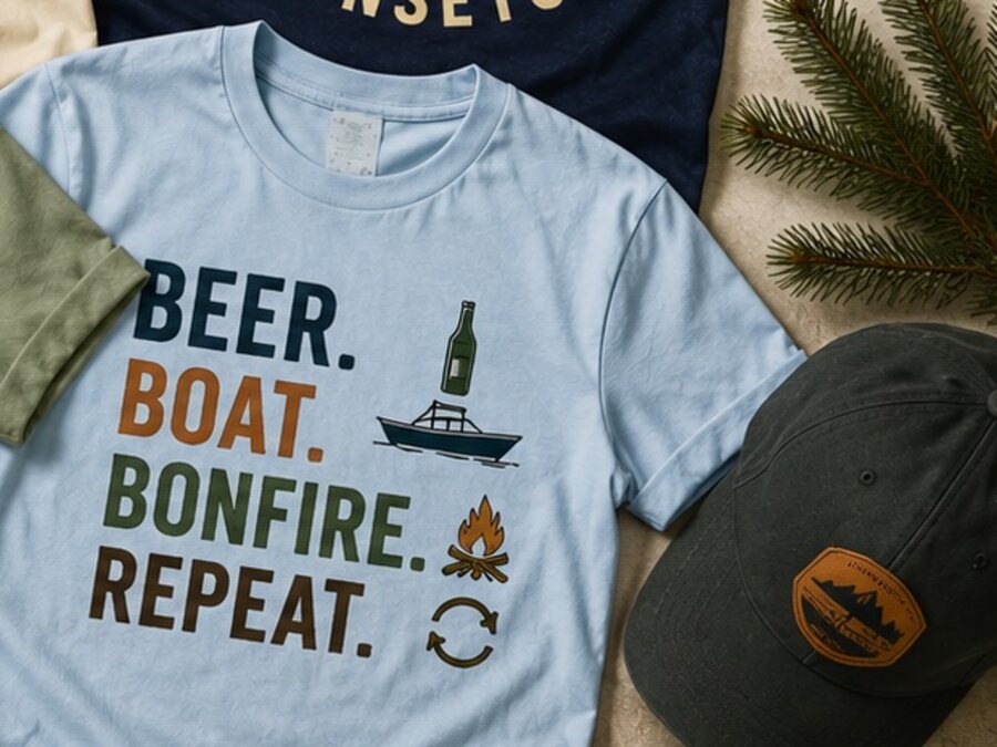 A Beer Boat Bonfire Repeat graphic shirt in an editorial composition