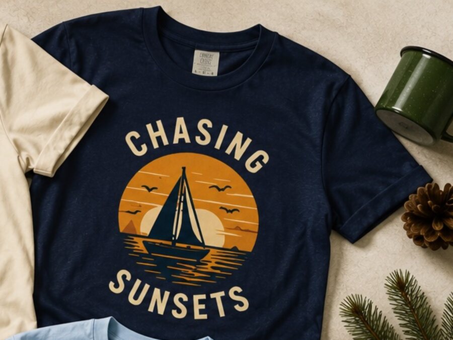 A navy Chasing Sunsets graphic shirt